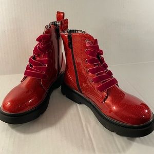 New kkdom Girl’s Red Glitter Combat Boots, Sizes EU33/US2 and EU30/US12.5